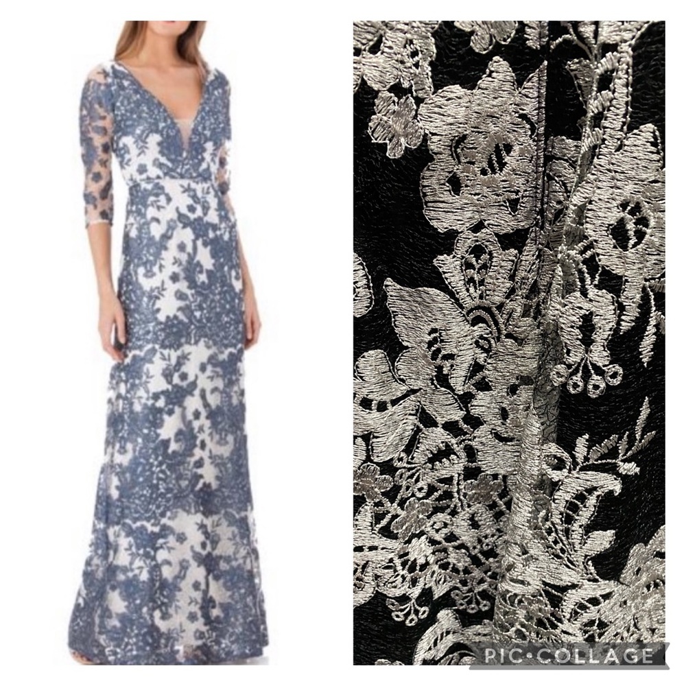 Js Collections embroidered lace 3/4 sleeves.    A Line gown